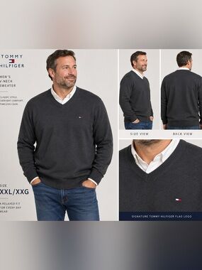 Tommy Hilfiger Men’s XXL/XXG Charcoal Gray V-Neck Sweater | Classic Knit